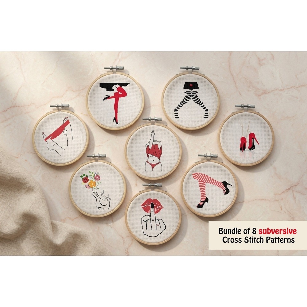 8 Pattern BUNDLE - Subversive Women Sexy Red Legs Panties Counted Cross Stitch
